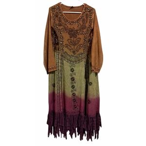 Shoreline Long-Sleeved, Ombre-Dyed, Embellished Boho-Style Maxi Dress Women's OS